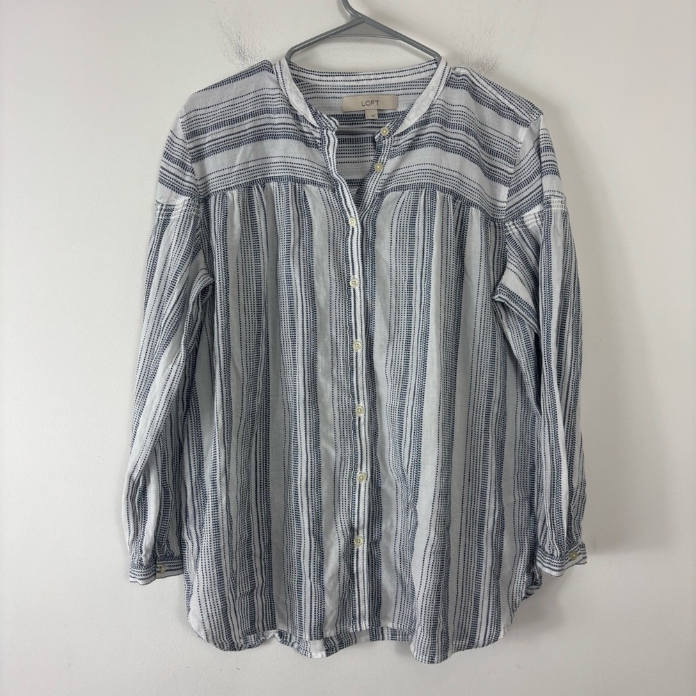 Loft Button Up Blouse Womens L Long Sleeve Striped Beachy Coastal Casual